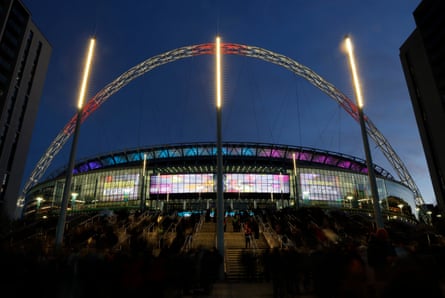 The Wembley arch is lit up in red and white before the women’s international friendly between England and China, 29 November 2025.