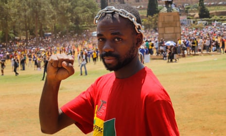 A student joins the demonstration at Pretoria’s Union Buildings on Friday.
