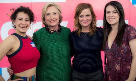 Girl power: (l-r) Ilana Glazer, Hillary Clinton, Amy Poehler and Abbi Jacobson on the set of Broad City Season 3.