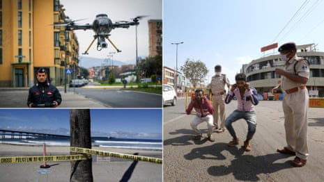 Squats, drones and angry mayors: policing coronavirus lockdowns around the world – video report