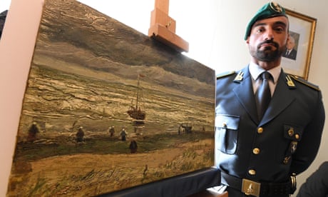 Van Gogh’s View of the Sea at Scheveningen is presented at a press conference in Naples after it was recovered from a house near the Italian city.