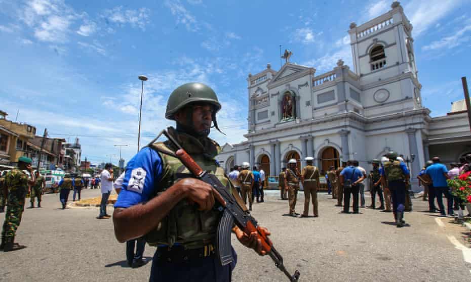 Sri Lankan security forces patrol the area around St Anthony’s Shrine