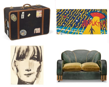 Items from the Faithfull auction include a trunk from Carrie Fisher; Martin Sharp’s artwork Abductee; a portrait of Marianne Faithfullby Marlene Dumas; and a large art deco leather upholstered armchair from the 20th century.