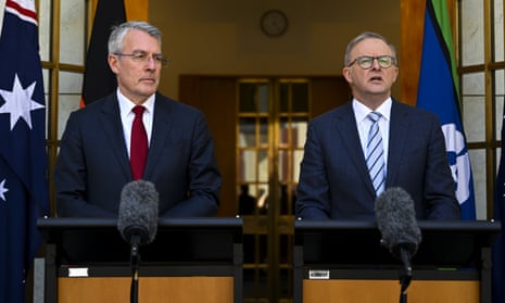 Australian attorney general Mark Dreyfus and prime minister Anthony Albanese speak to the media