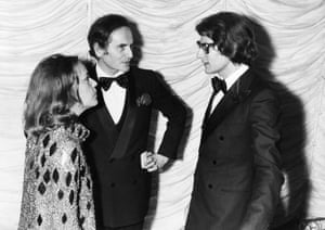 Jeanne Moreau with her great friend Pierre Cardin and Yves Saint Laurent on 15 June 1970