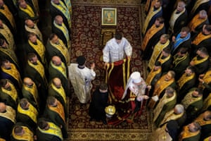 An overhead shot of military chaplains in robes