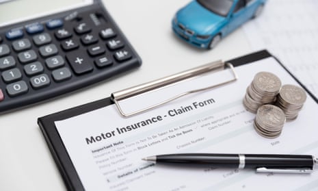 Motor or car insurance claim form with coin stack, calculator and car model.