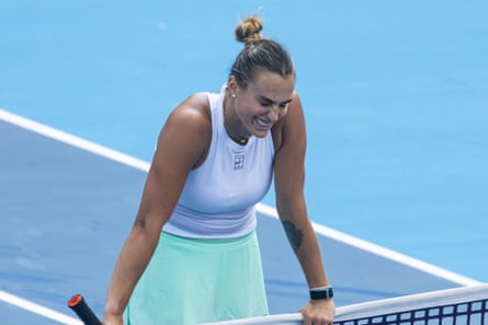 Aryna Sabalenka celebrates her triumph complete Emma Raducanu