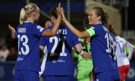 Chelsea’s Pernille Harder and Magdalena Eriksson celebrate their fourth goal.