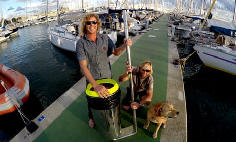 Peter Ceglinski, left, and Andrew Turton invented the Seabin device, which traps garbage floating around marinas and docks.