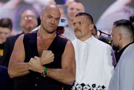 Tyson Fury and Oleksandr Usyk share the stage in the buildup to their heavyweight unification fight in Riyadh.
