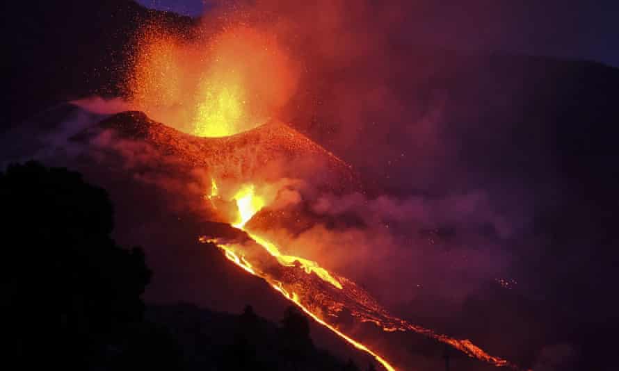 Lava flows from the Cumbre Vieja volcano on the Canary island of La Palma on 2 October after it blew two new fissures.