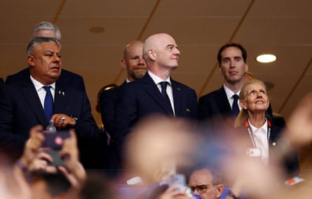 FA chair Debbie Hewitt (right), with Gianni Infantino (centre), at the World Cup semi-final between England and Argentina