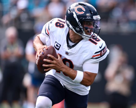 Caleb Williams looks to pass during the NFL match between the Chicago Bears and the Carolina Panthers