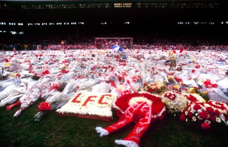 Floral tributes to the 96 who died at Hillsborough decorate Liverpool’s Anfield stadium, April 1989.