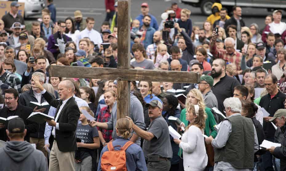 Members of Christ Church sing a hymn during ‘psalm sing;’ in September, outside city hall in Moscow, Idaho. Church members were protesting against an order that requires people to either socially distance or wear a face mask in public.
