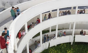 Students standing on walkways at university, elevated view Granada, Spain