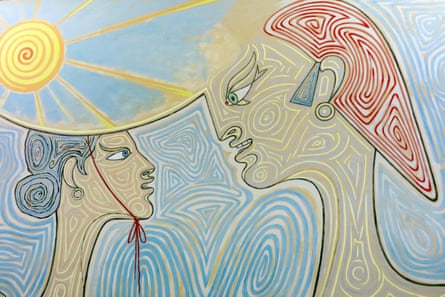 A mural comprising many curvy lines and depicting a woman and man looking at each other with the sun above