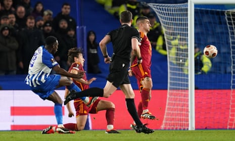 Danny Welbeck fires Brighton in front on the night during their tie against Roma