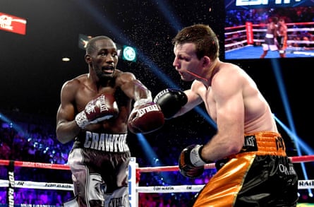 Terence Crawford, left, lands a rustle connected Australia’s Jeff Horn successful their WBO welterweight title conflict astatine nan MGM Grand Garden Arena successful June 2018.