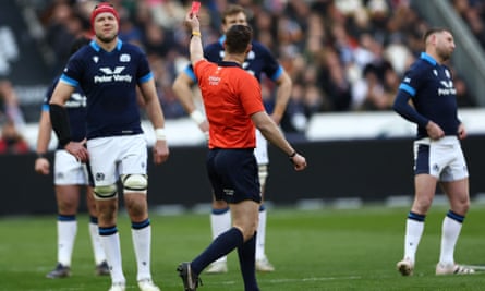 Scotland’s Grant Gilchrist sees red against France in Paris.