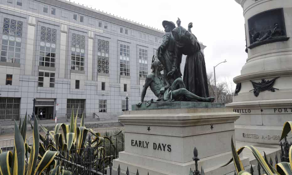 The Early Days statue depicts a Native American at the feet of a Spanish cowboy and Catholic missionary in San Francisco.