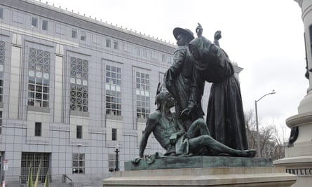 A statue depicts a Native American at the feet of a Spanish cowboy and Catholic missionary in San Francisco. Missionaries brought measles and other diseases, which killed many Ohlone.