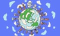 Graphic illustration of the earth featuring characters walking around it including people carrying water in various containers; a cartoon toilet; cartoon toilet paper; and cartoon plunger.