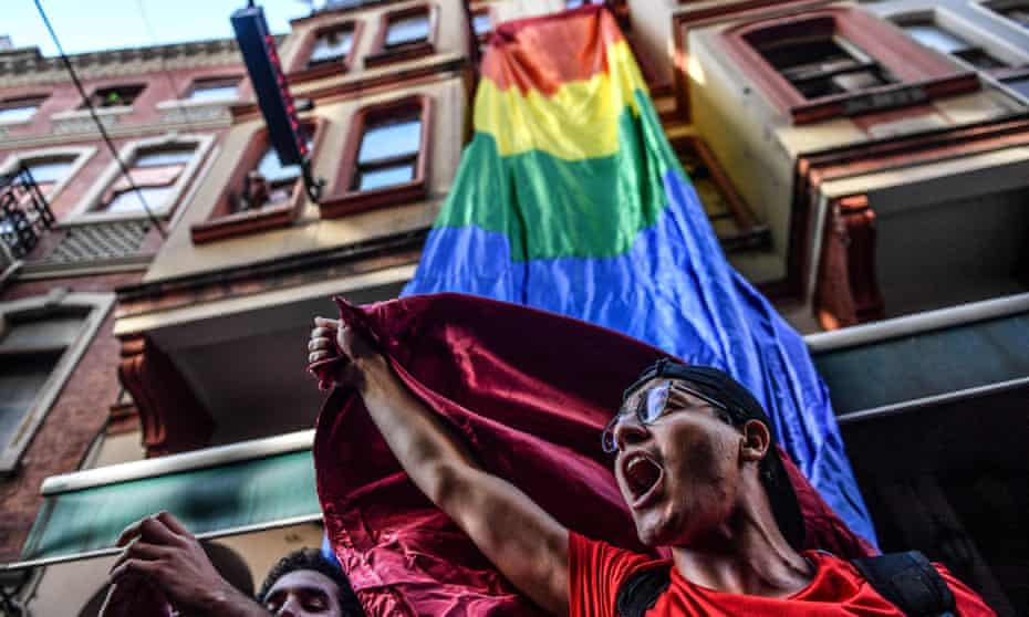 LGBT rights activists shout slogans at an Istanbul march in Turkey.