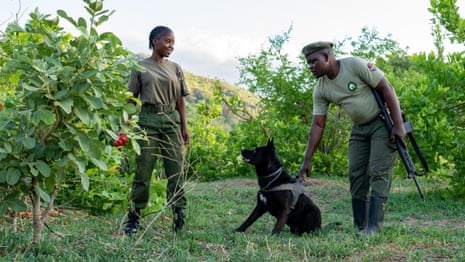 Hope Ngulube, lächelnd, mit einem bewaffneten männlichen Ranger, der einen Hund hält