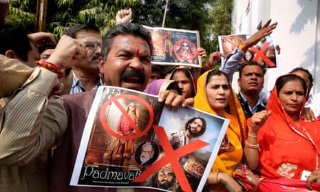 Members of the Indian Rajput community hold placards during a protest against the release of the Bollywood movie Padmaavat in Bhopal