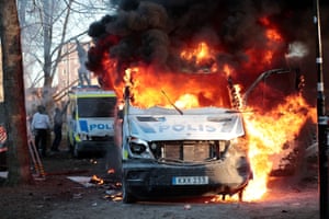 Orebro, SwedenCounter-protesters set fire to a police bus ahead of a demonstration planned by Danish anti-Muslim politician Rasmus Paludan and his Stram Kurs party.
