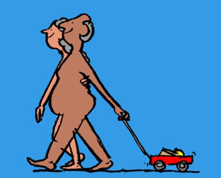 Illustration of naked man and woman walking side-by-side and smiling, pulling a small toy car