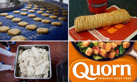 Clockwise from top left: Quorn burgers on a conveyor belt at Stokesley, a Greggs vegan sausage roll, Quorn packaging and the mycoprotein for the products.