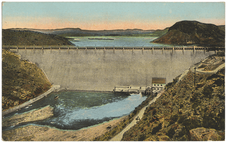 postcard of illustrated dam and scenic landscape