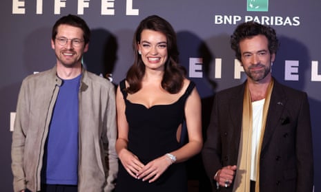 Pierre Deladonchamps, Emma Mackey and Romain Duris at the Eiffel film premiere in Paris.