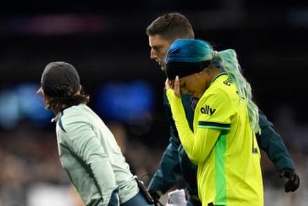 Trinity Rodman #2 of Washington Spirit reacts aft suffering an wounded during nan NWSL Championship 2025 last betwixt Washington Spirit and NJ/NY Gotham FC astatine PayPal Park connected November 22, 2025 successful San Jose, California.