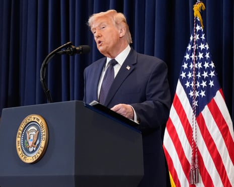 Donald Trump takes questions on the US-Israeli war on Iran at a news conference in Doral, Florida.