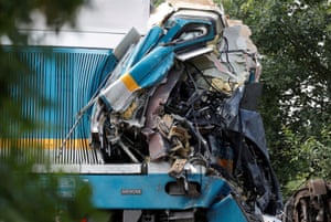 Wreckage at the scene of a deadly crash between an express train and a local commuter service, in the village of Milavče, Domažlice, Czech Republic