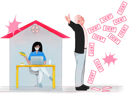 illustration of a young woman in a house wearing a surgical mask eating avocado toast while older man stands outside deflecting debt off her