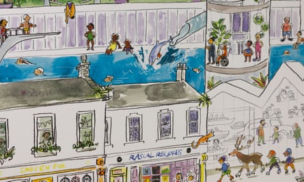 Detail of the mural, including a splashing dolphin and a roller-blading stag