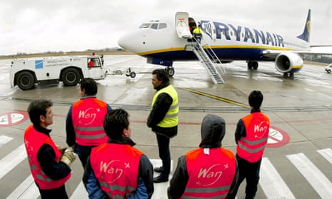 RYANAIR GROUND CREW STAND IN FRONT OF A PASSENGER JET AT CHARLEROI AIRPORT