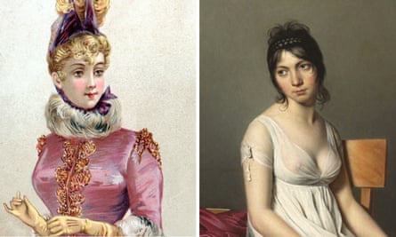 Different necklines, same preoccupation … late Victorian and 18th-century French dresses.