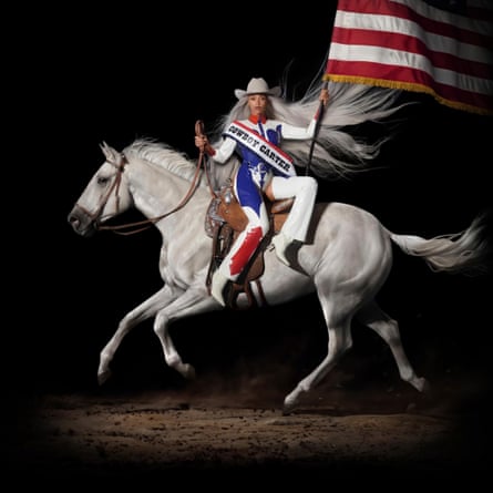 The album cover for Cowboy Carter with Beyonce on white horse and cowboy hat waving American flag