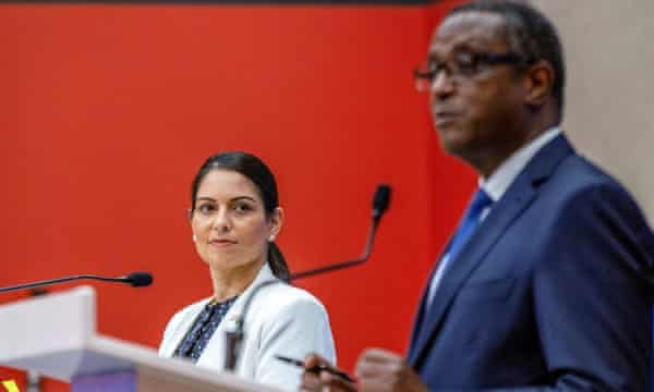 Home secretary Priti Patel and Rwandan foreign minister Vincent Biruta at a news conference in Kigali