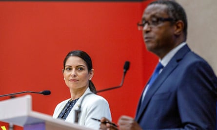 Then home secretary Priti Patel and Rwanda’s foreign minister Vincent Biruta, during a news conference in April 2022.