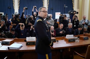 Lt Col Alexander Vindman arrives to testify before the House intelligence committee on Tuesday.