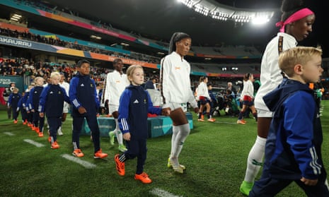 Zambia players walk into the pitch prior to the Women's World Cup 2023 group game against Spain.