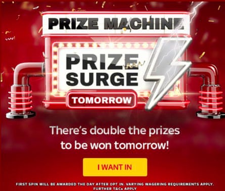 A screen grab from the Sky Vegas app Prize Surge tempts players with ‘There’s double the prizes to be won tomorrow!’