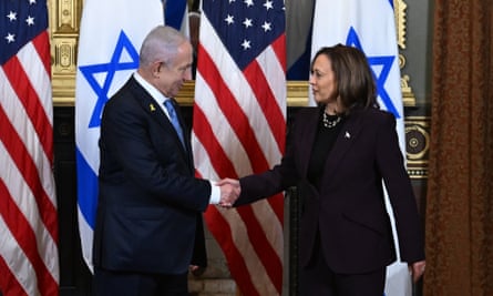Israel prime minister Benjamin Netanyahu shakes hands with US vice-president Kamala Harris in Washington, DC on Thursday.